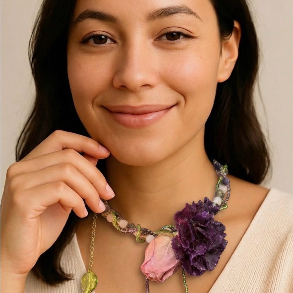 Handcrafted Purple & Pink Floral Statement Necklace
